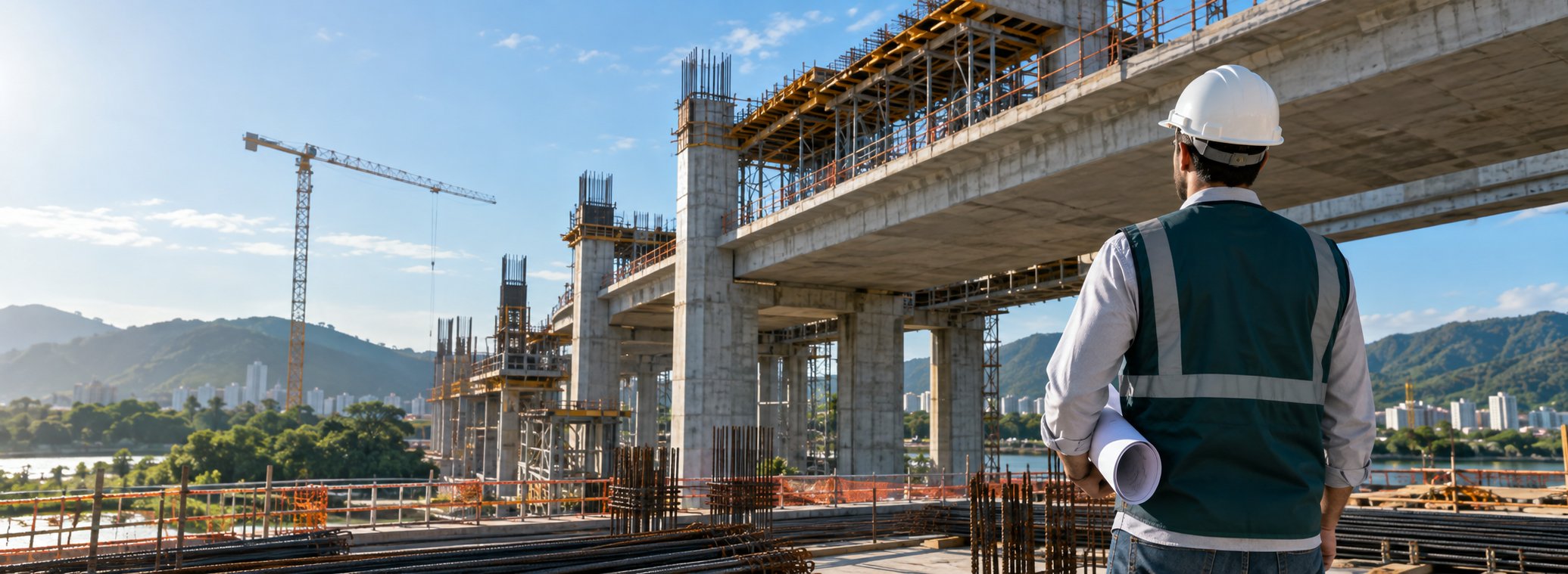 Engenheiro observa uma grande estrutura de concreto em construção